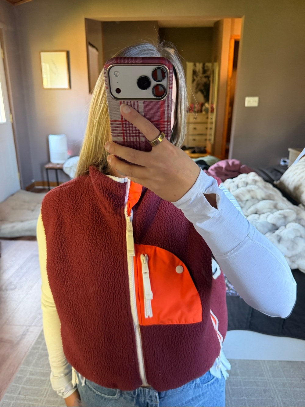 Women’s Burgundy Sherpa Vest with Orange Pocket - Free People